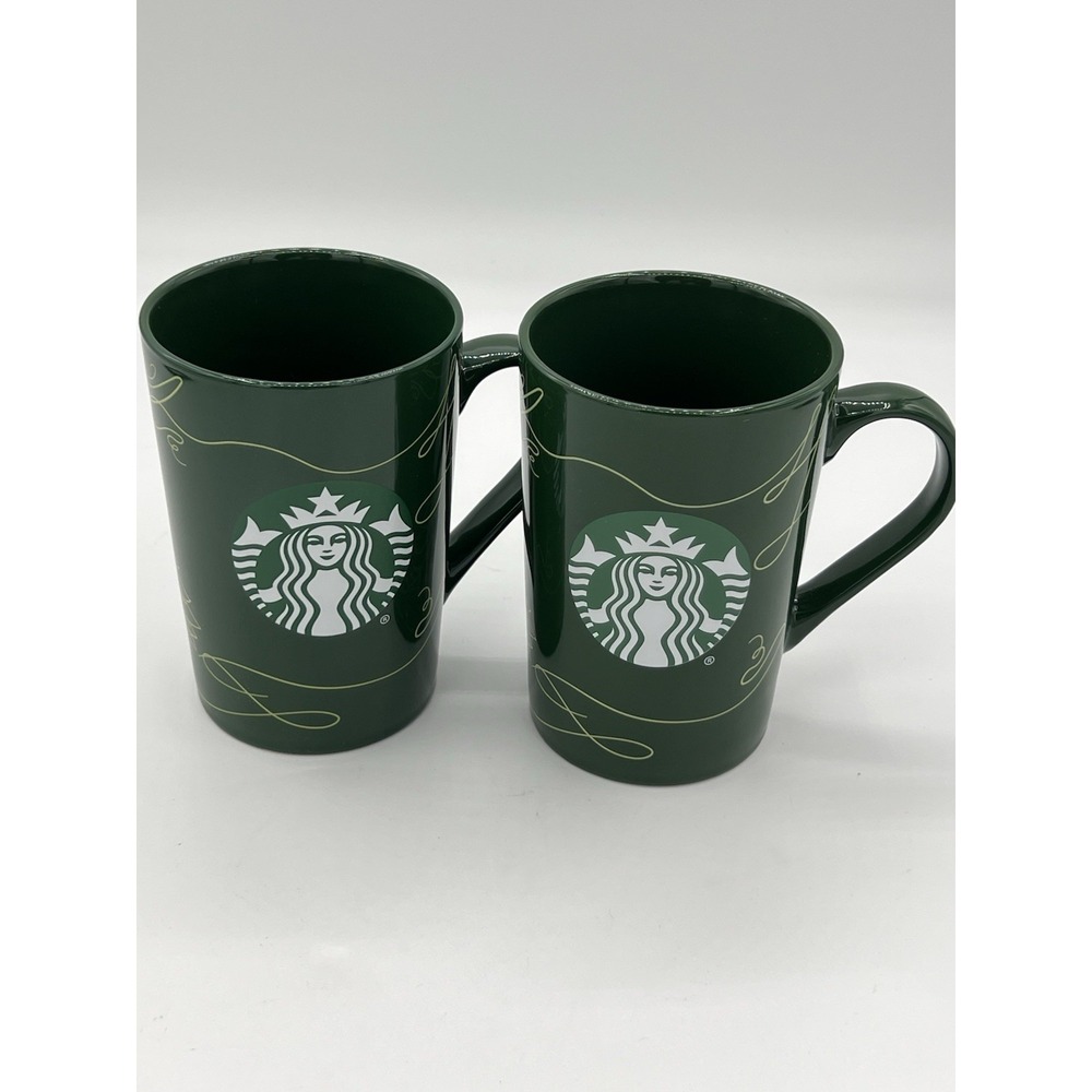 Set of 2- 2020 Starbucks Green Christmas Coffee Mugs With Trees 11 Ounce